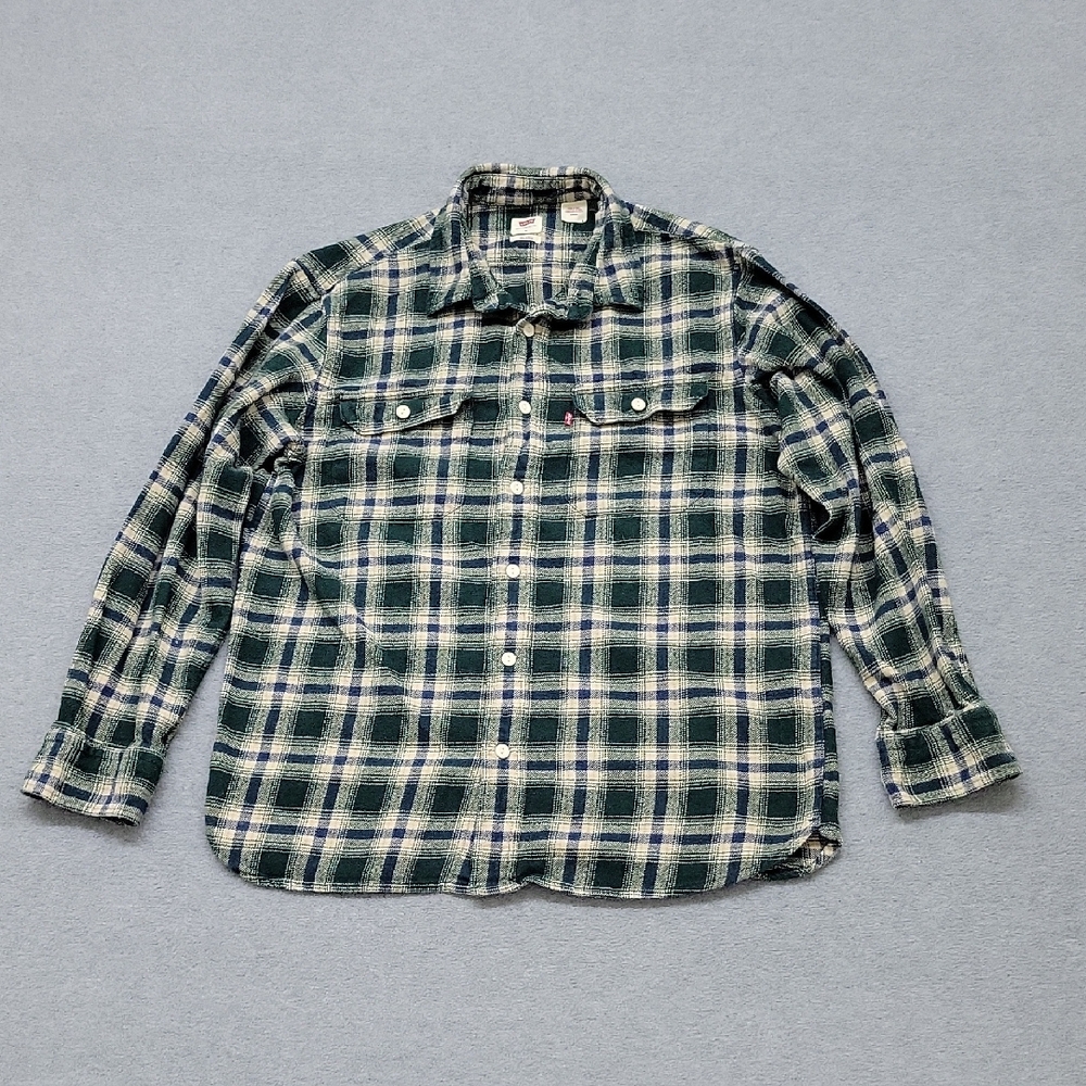 Levi's Dark Green and White Plaid Button Down Shirt Sz M